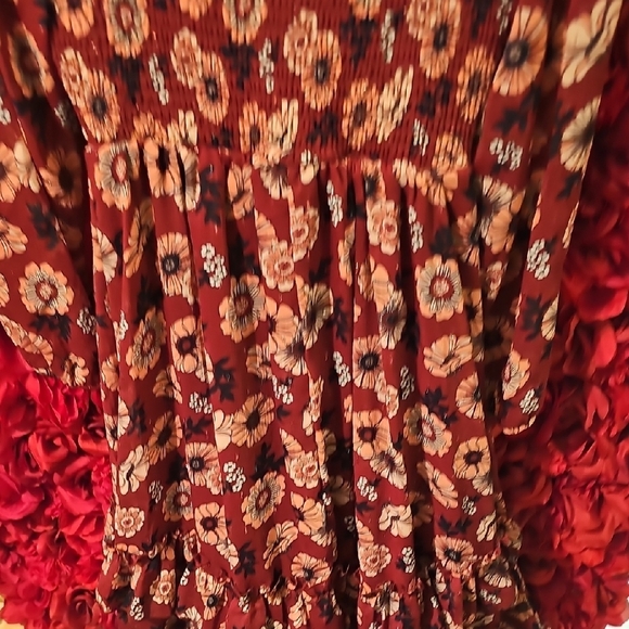 Rare Editions Floral Burgundy & Pink Ruffle Tier Lined Dress Size Large - Picture 9 of 10